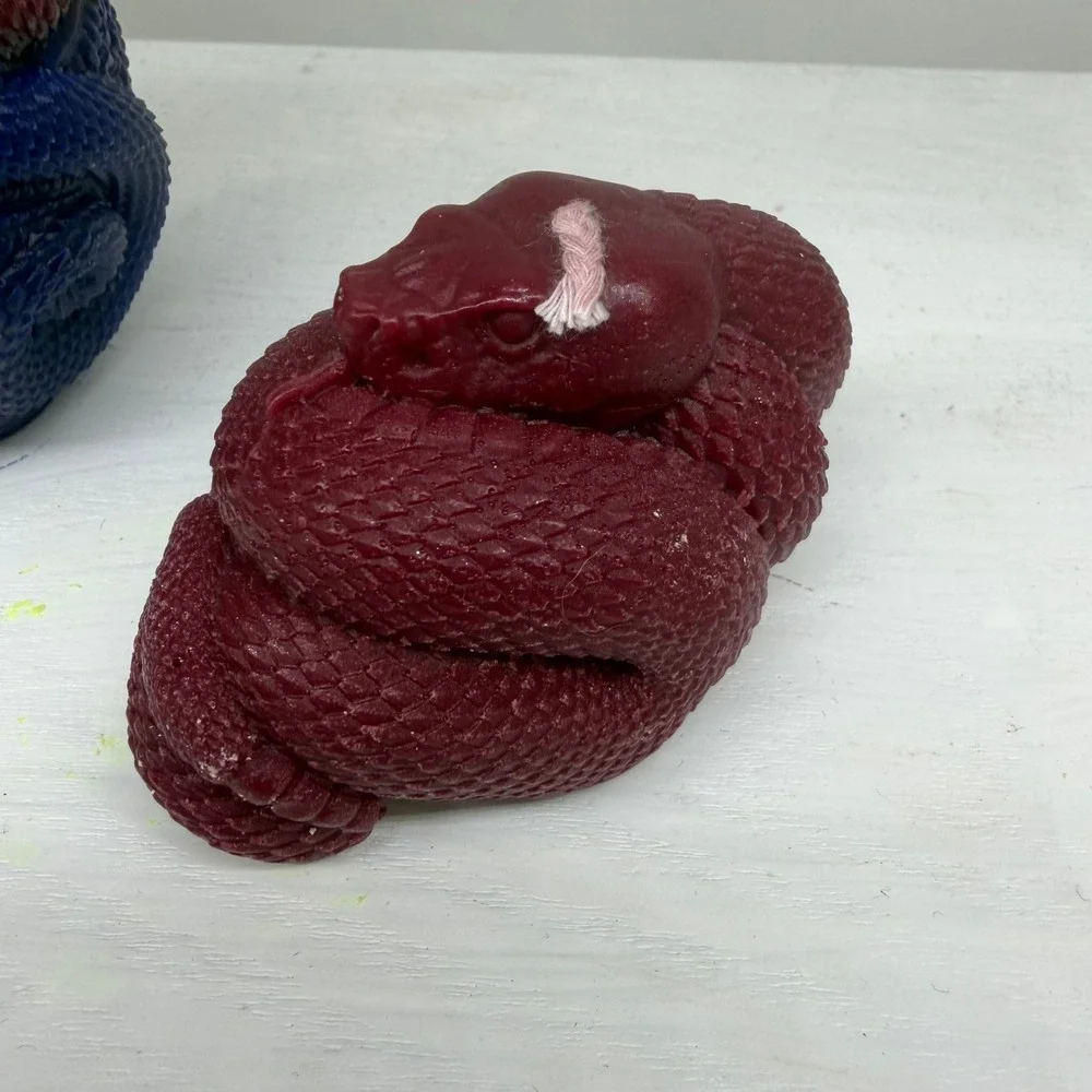 Handcrafted Snake Candle Set of 2 Burgundy Blue Coiled Serpent Gothic Decor Dark